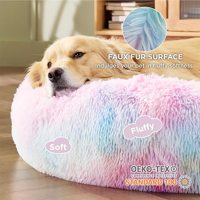 Bedsure Calming Dog Bed for Extra Large Dogs - Donut Washable Large Pet Bed, Anti-Slip Round Fluffy Plush Faux Fur Dog Bed, Fits up to 125 lbs Pets, Multi-colored, 45 inches