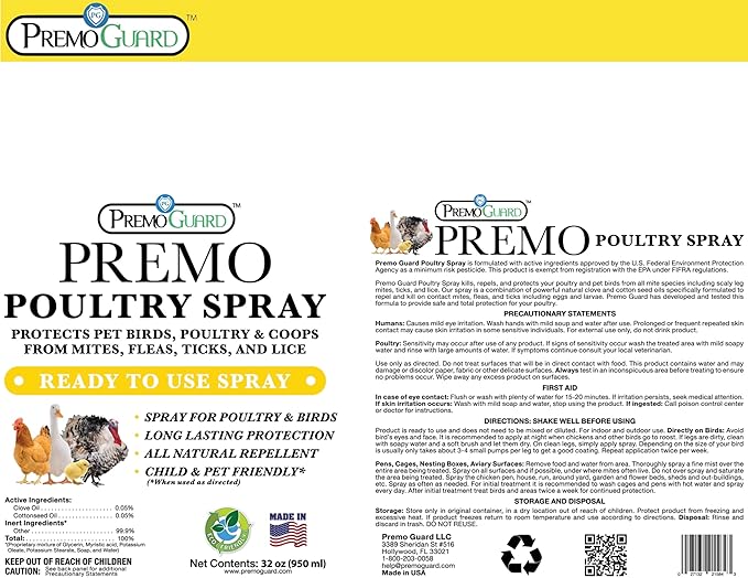 Poultry Spray by Premo Guard – 32 oz – Treat Mites, Fleas, Flies, and Lice – Fast Acting & Effective – Chicken, Turkey, Waterfowl, and Birds – Best Natural Protection for Control & Prevention