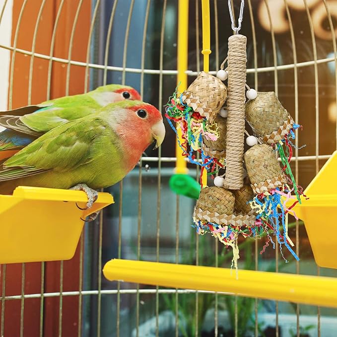 3pcs Parrot Chewing Rattan Corn Husk Toys Handmade Bamboo Palm Leaf Toys Budgie Foraging Toys Small Bird Hanging Swing Shredder Toys for Birds Parakeet Cockatiel Love Birds