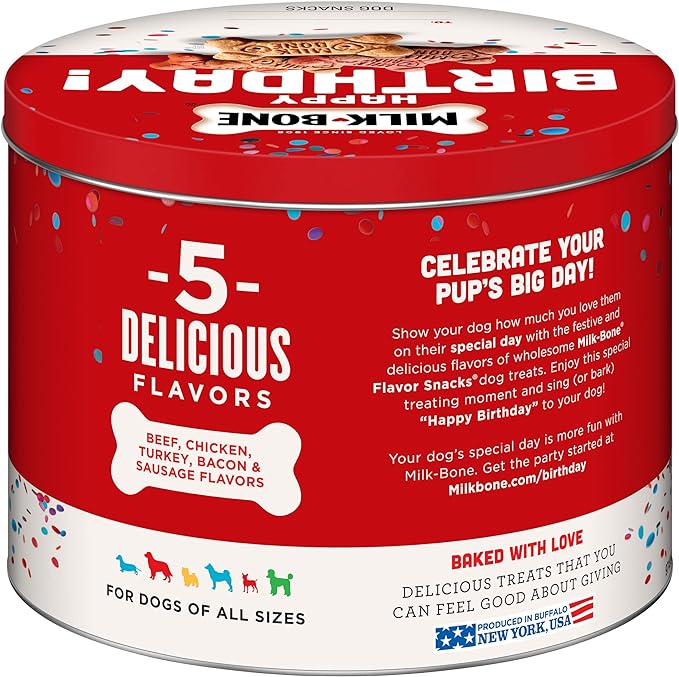 Milk-Bone Flavor Snacks Birthday Dog Treats, Small Biscuits, 36 Ounce Reusable Tin