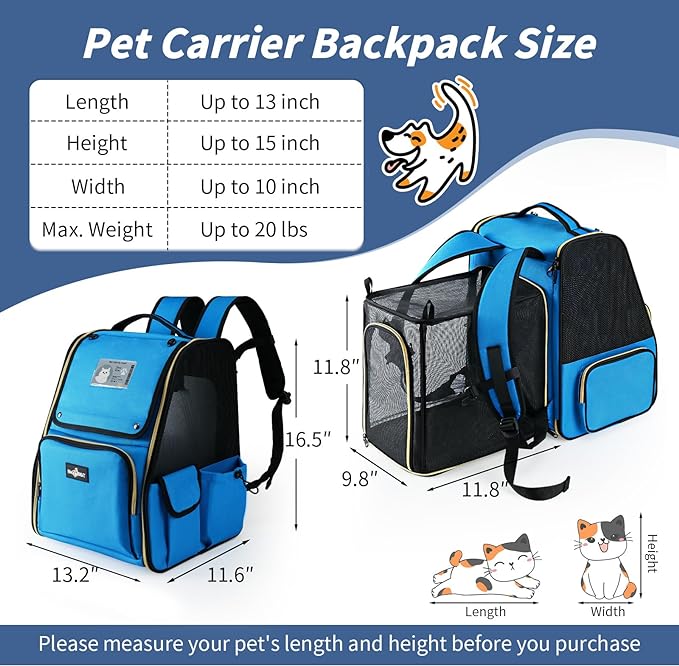 Cat Backpack Carrier, Expandable Pet Dog Backpack Carrier for Small Medium Cat Dog Under 20LBS, Ventilated Pet Backpack for Hiking Travel Outdoor Use, Blue