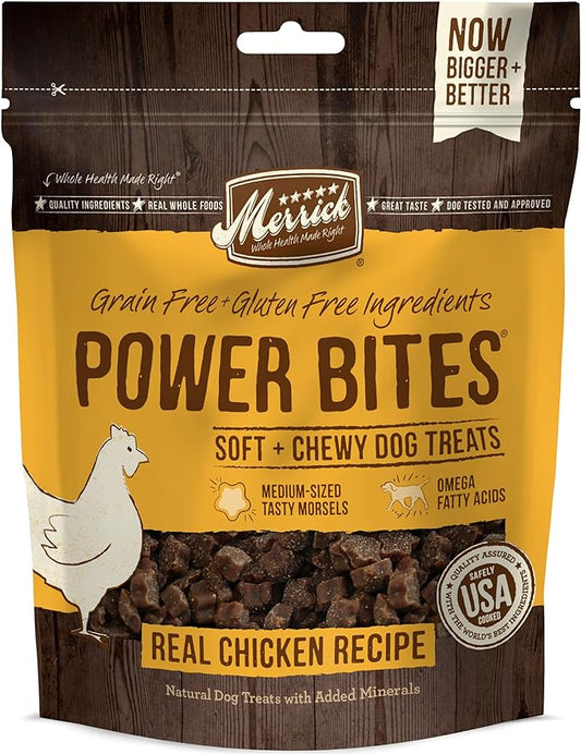 Merrick Power Bites Natural Soft And Chewy Real Meat Dog Treats, Grain Free Snack With Real Chicken Recipe - 6 oz. Bag