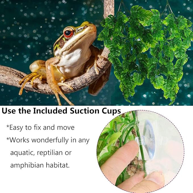 Reptile Plants 3 PCS Hanging Terrarium Plant with Suction Cup Fake Amphibian Plants for Bearded Dragons,Lizards,Geckos,Snake and Hermit Crab Tank Habitat Decorations 30 inches Green(Style 2)