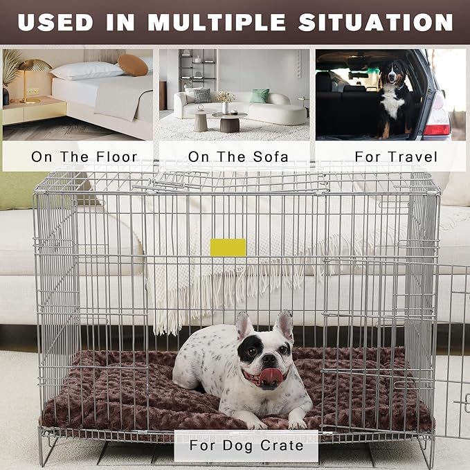 Washable Dog Bed Mat Reversible Dog Crate Pad Soft Fluffy Pet Kennel Beds Dog Sleeping Mattress for Large Jumbo Medium Small Dogs, 29 x 18 Inch, Brown