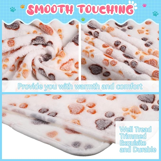 4 Pcs Pet Blanket Dog Puppy Blanket Paw Print Fleece Blanket for Small Medium Pet Dog Cat Warm Soft Sleep Mat Guinea Pig Cage Liners Blanket (White,Medium(30 x 20.5 Inch))