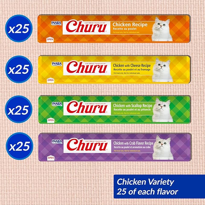 INABA Churu Cat Treats, Lickable, Squeezable Creamy Purée with Vitamin E, 0.5 Ounces per Tube, 100 Tubes Total, Chicken Variety