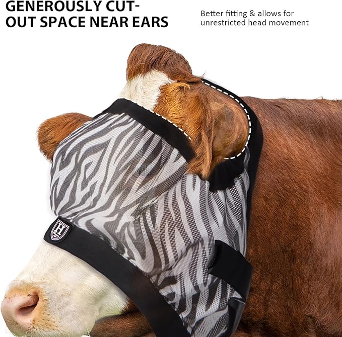 Harrison Howard Cattle Livestock Fly Mask Breathable Mesh Padded Edging with Fun Patterns Large Spacing Forelock Opening Design Adjustable Fit for Cattle Zebra
