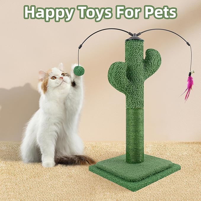 23.6" Cat Scratching Post, Cactus Cat Scratcher with Natural Sisal Rope for Indoor Cats, Claw Scratcher Green Cat Tree with Dangling Balls and Feather for Small Cats Kittens