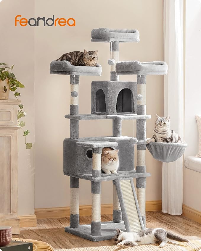 FEANDREA Cat Tree, Large Cat Tower, Cat Condo with Scratching Posts, Board, 2 Caves, 3 Plush Perches, Activity Center, 66.5 Inches, Light Gray UPCT019W01