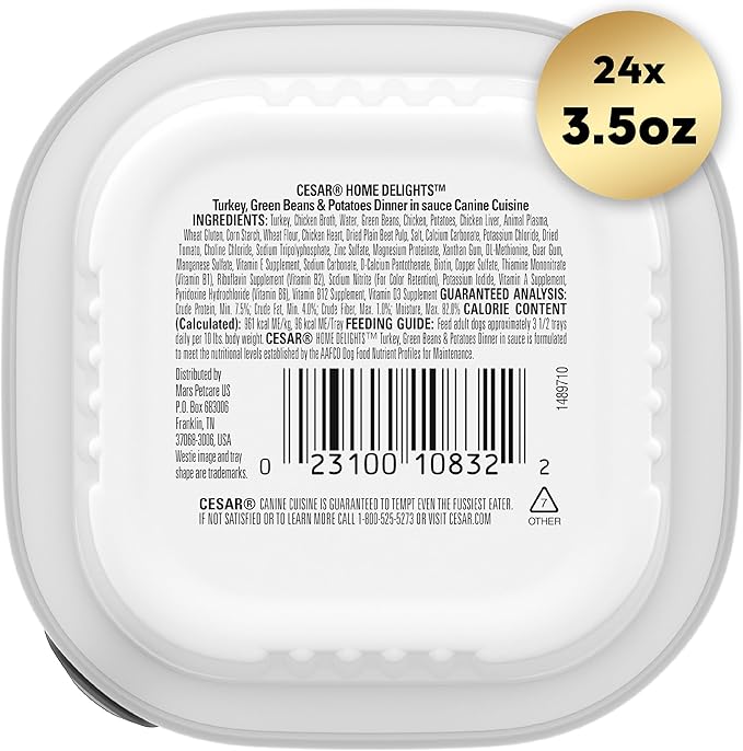 CESAR HOME DELIGHTS Adult Wet Dog Food Turkey, Green Beans & Potatoes Dinner in Sauce, 3.5 oz. Easy Peel Trays, Pack of 24