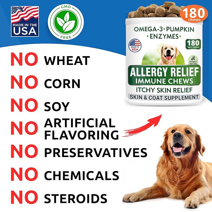 BARK&SPARK Dog Allergy Relief Chews (180 Ct) - Anti-Itch Skin & Coat Supplement - Omega 3 Fish Oil - Itchy Skin Relief Treatment Pills - Itching&Paw Licking - Dry Skin&Hot Spots -Peanut Immune Treats