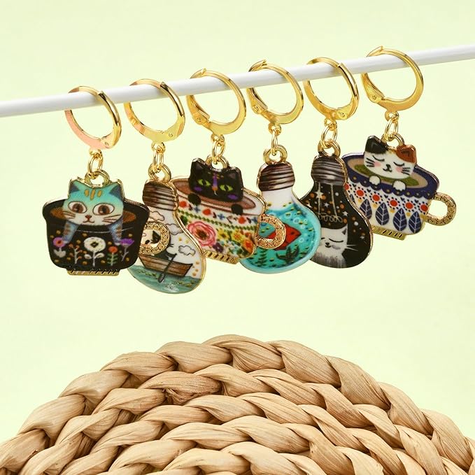 KitBeads 12 Sets 6 Styles Enamel Cat Stitch Markers Colorful Kitten Fish Charms Cute Cup Animal Stitch Marker Charms for Jewelry Making Bulk