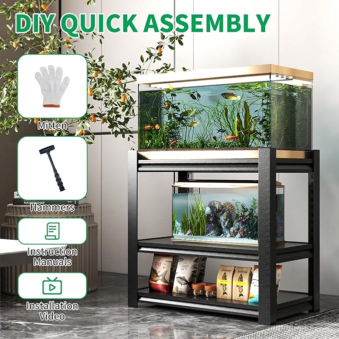 Fish Tank Stand,3-tier Rack Shelf Heavy Duty Metal Frame Aquarium Stand 20 Gallon,Reptile Terrarium Stand for 30 Gallon Long Aquarium,Reptile Tank Stand,Breeder Tank Stand,31.5"*18"*34"