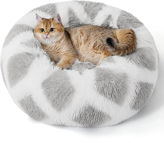 Bedsure Calming Cat Beds for Indoor Cats - Small Cat Bed Washable 20 inches, Anti-Slip Round Fluffy Plush Faux Fur Pet Bed, Fits up to 15 lbs Pets, Diamond Grey