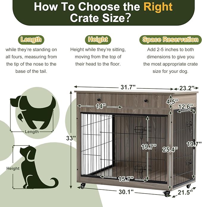 NicBex Dog Crate Furniture, 31.7" L Dog Crates for Medium Dogs, Medium Dog Crate with Drawers, Wooden Dog Kennel Indoor Pet Crate for Small Medium Dog, Grey