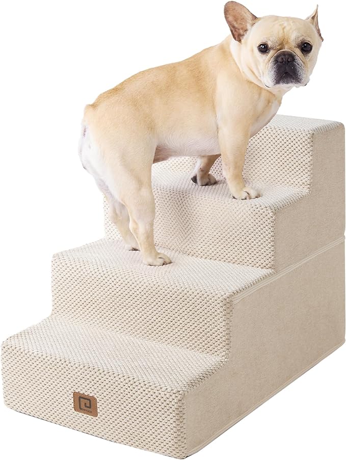 EHEYCIGA Dog Stairs for Bed 18”H, 4-Step Dog Steps for High Bed, Pet Steps for Small Dogs and Cats, Non-Slip Balanced Dog Indoor Ramp, Beige