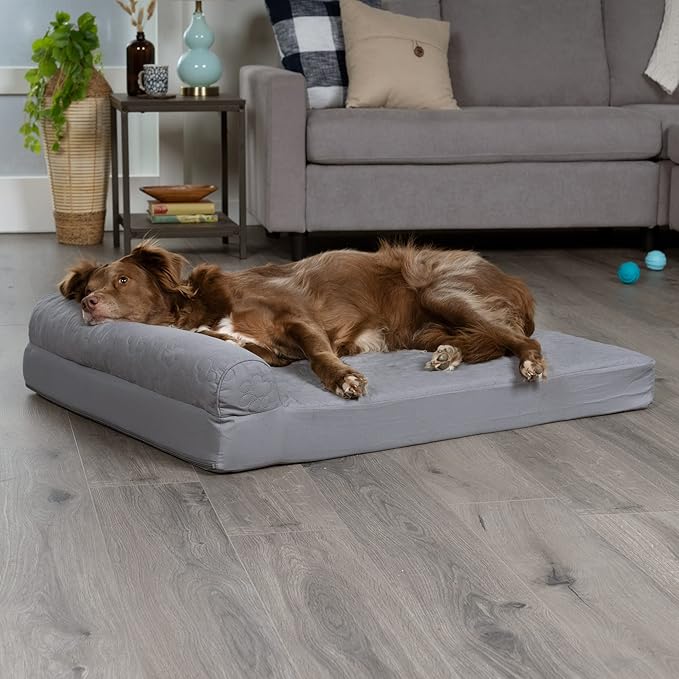 Furhaven Memory Foam Dog Bed for Large Dogs w/ Removable Bolsters & Washable Cover, For Dogs Up to 95 lbs - Pinsonic Quilted Paw L Shaped Chaise - Titanium, Jumbo/XL