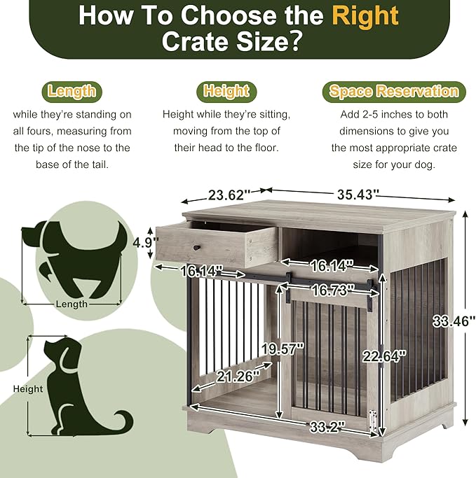 NicBex Dog Crate Furniture, 35.4" L Dog Crates for Large Dogs, Large Dog Crate with Sliding Doors, Wooden Dog Kennel Indoor Large Dog House with Drawers Pet Crate, Grey