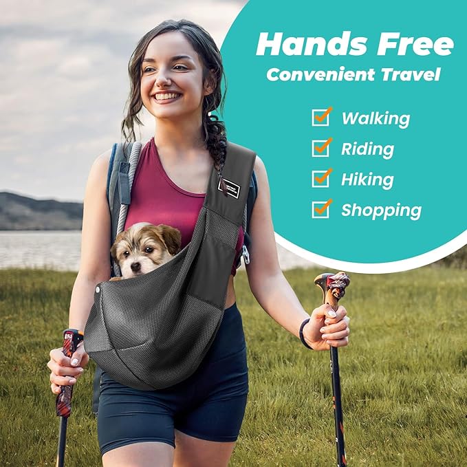 Dog Carrier Sling, Hand-Free Dog Sling Carrier for Small Dogs and Cats，Travel Safety Puppy Bag (Black)