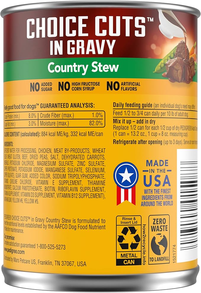 PEDIGREE CHOICE CUTS IN GRAVY Adult Canned Soft Wet Dog Food, Country Stew, 13.2 oz. Cans (Pack of 12)