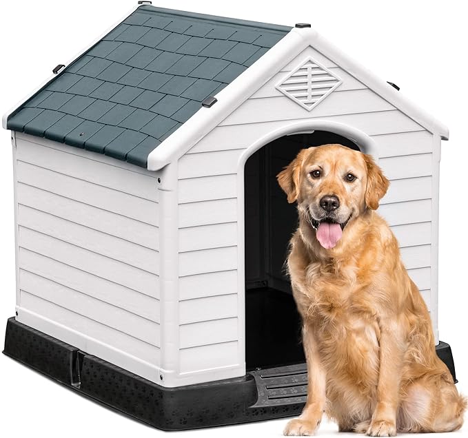 YITAHOME 41'' Large Plastic Dog House Outdoor Indoor Doghouse Puppy Shelter Water Resistant Easy Assembly Sturdy Dog Kennel with Air Vents and Elevated Floor (41''L*38''W*39''H, Gray)