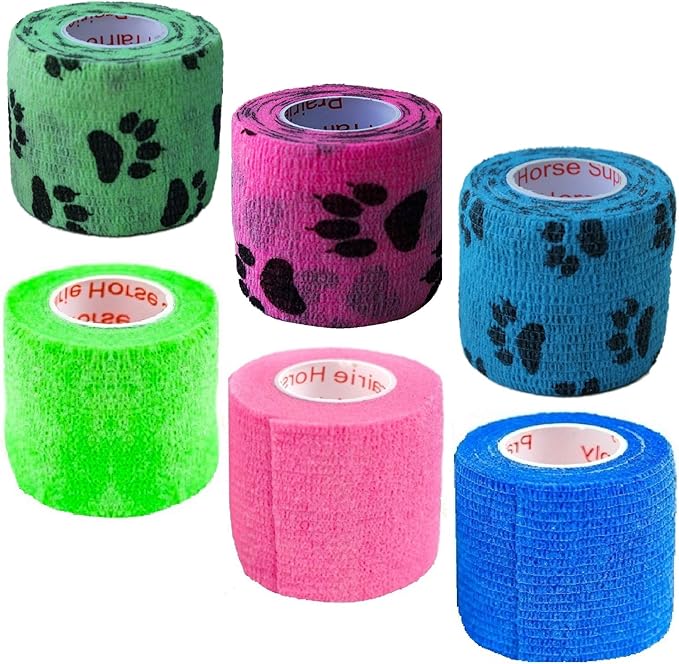 2 Inch Vet Wrap Tape Bulk (Blue, Neon Green, Neon Pink, and Black Paw Prints on Blue, Neon Green, Neon Pink) (Pack of 6) Self Adhesive Adherent Adhering Flex Bandage Grip Roll for Dog Cat Pet