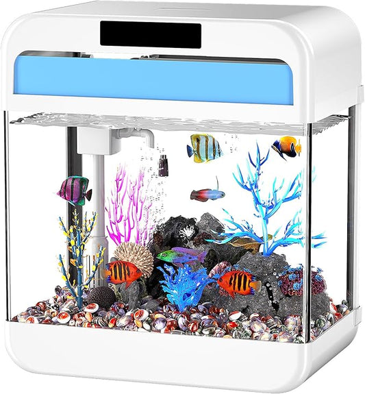 Fish Tank Aquarium 2.2 Gallon with Adjustable 3 Color Light Bead Self Cleaning 3 in 1 Pump with Filteration, Oxygenation, Water Circulation Triple Function, HD Heat Bending Glass, Leak-Proof Base