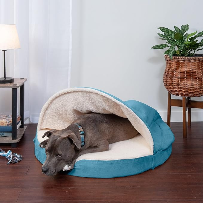 Furhaven 35" Round Cooling Gel Dog Bed for Large/Medium Dogs w/ Removable Washable Cover, For Dogs Up to 50 lbs - Sherpa & Suede Snuggery - Blue, 35-inch