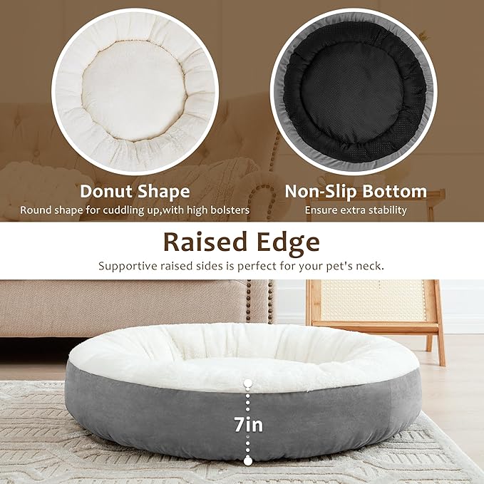 Love's cabin Round Donut Cat and Dog Cushion Bed, 30in Pet Bed for Medium or Large Dogs, Anti-Slip & Water-Resistant Bottom, Soft Durable Fabric Pet beds, Washable Calming Cat & Dog Bed Grey