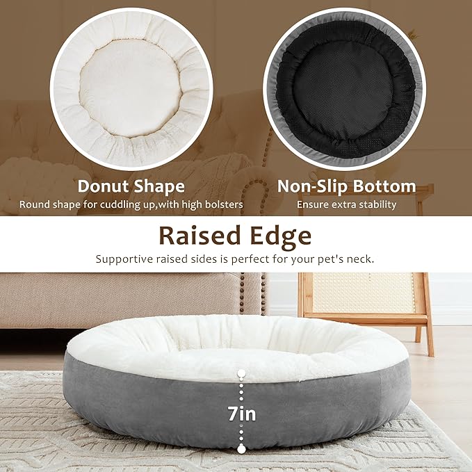 Love's cabin Round Donut Cat and Dog Cushion Bed, 25in Pet Bed for Small or Medium Dogs, Anti-Slip & Water-Resistant Bottom, Soft Durable Fabric Pet Beds, Washable Calming Cat & Dog Bed Grey