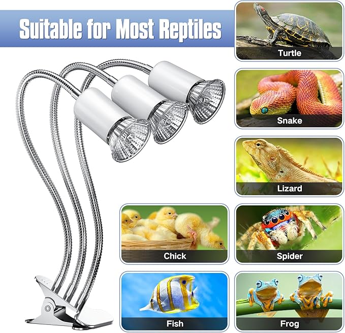 2023 Upgrade Reptile Heat Lamp, Three Head Reptile Light with Cycle Timer,UVA UVB light, dimmable Basking lamp for Tortoise, Bearded Dragon, Lizard, Snake, E26/27 Base with 4 Bulbs (50W)-White