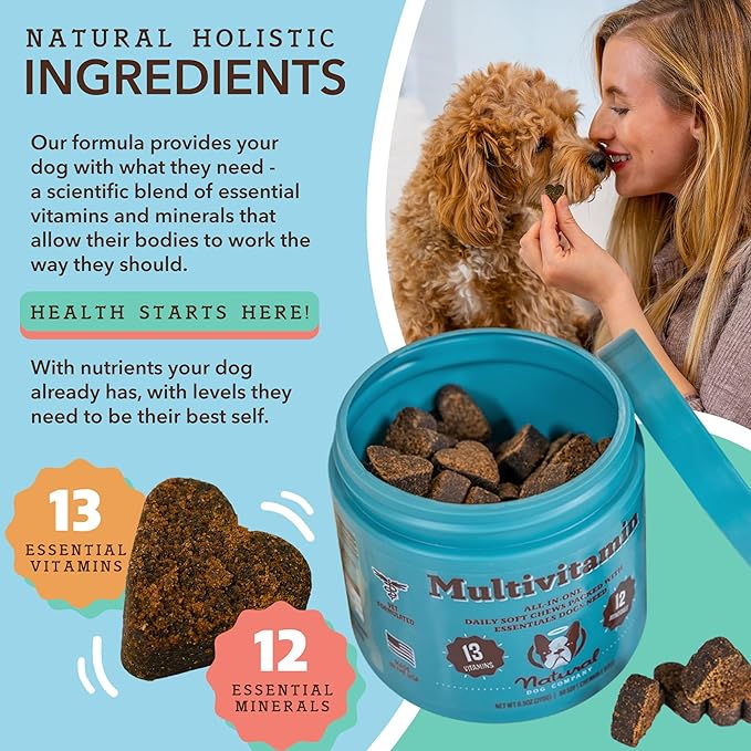 Natural Dog Company Multivitamin Chews (90 Pieces), Dog Vitamins and Supplements, Peanut Butter & Bacon Flavor, for Dogs of All Ages, Sizes, & Breeds, Supports Immune System, Antioxidant