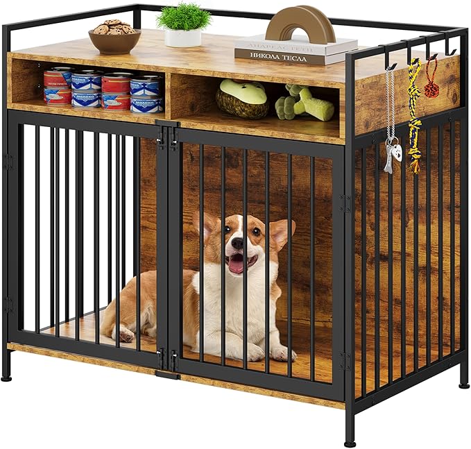 YITAHOME Large Dog Crate, 41" Heavy Duty Dog Kennel with 2 Drawers End Table, Wooden Dog Cage Indoor Dog House Pet Crate Table with Double Doors for Large Medium Small Dogs, Rustic Brown