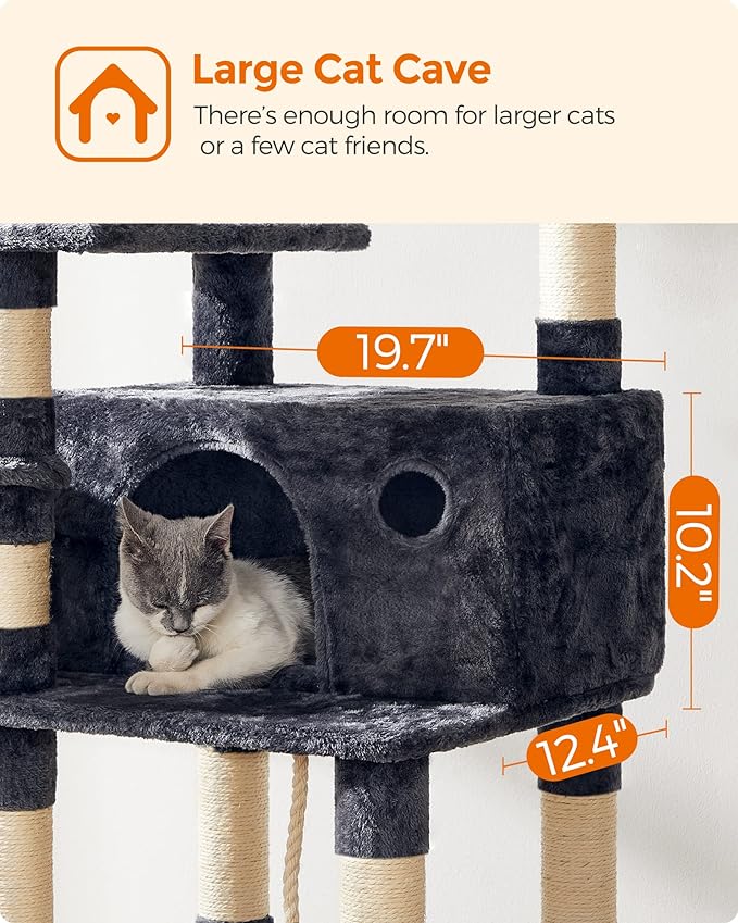 FEANDREA Cat Tree, Large Cat Tower, 64.6 Inches, Cat Activity Center with Hammock, Basket, Removable Fur Ball Sticks, Cat Condo, Smoky Gray UPCT087G01