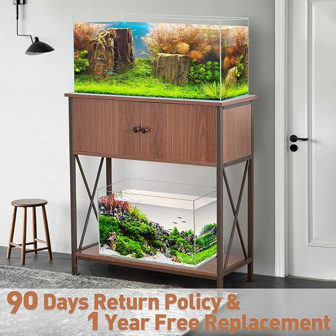 20-29 Gallon Aquarium Stand with Cabinet, 20 Gallon Long Fish Tank Stand with 31''L * 12''W Tabletop, Double Heavy Metal Stand with Stable Structure, Adjustable Table Feet - Walnut Brown