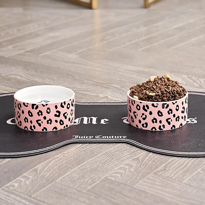 Juicy Couture Give Me Treats Pet Bowl Set - Pink Leopard 16 oz - Ceramic Set of 2 Bowls