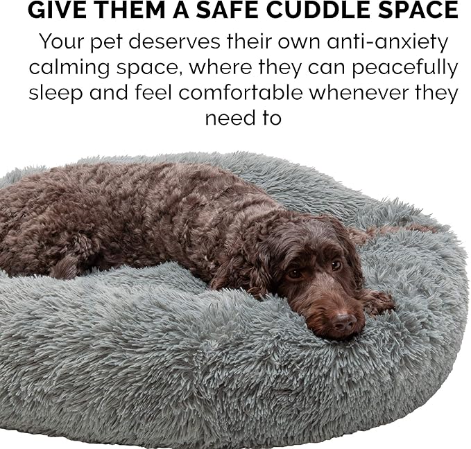 Furhaven 23" Round Calming Donut Dog Bed for Indoor Cats & Small Dogs, Washable, For Dogs Up to 20 lbs - Shaggy Plush Long Faux Fur Donut Bed - Gray, Small, 23.0"L x 23.0"W x 9.0"Th