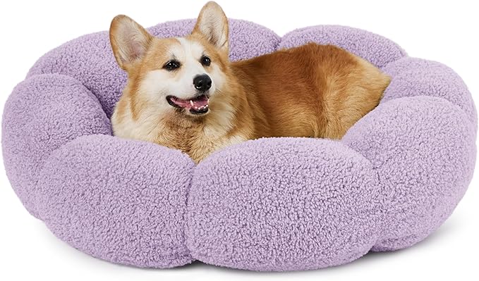 Lesure Calming Large Dog Bed - Flower Donut Round Fluffy Puppy Bed in Plush Teddy Sherpa, Non-Slip Cute Flower Dog Beds, Large Pet Bed Fits up to 100 lbs, Machine Washable, Purple 36"