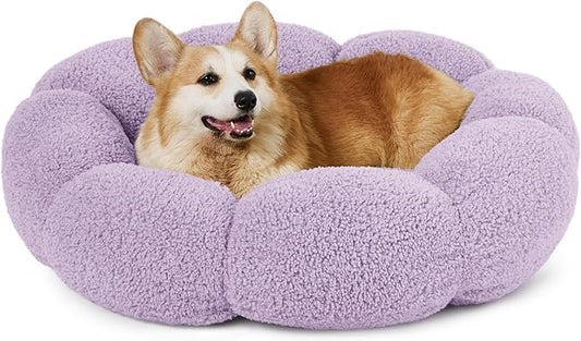 Lesure Calming Large Dog Bed - Flower Donut Round Fluffy Puppy Bed in Plush Teddy Sherpa, Non-Slip Cute Flower Dog Beds, Large Pet Bed Fits up to 100 lbs, Machine Washable, Purple 36"