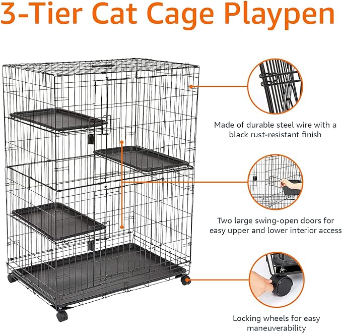 Amazon Basics Large 3-Tier Cat Durable,Pliable Cage Playpen Box Crate Kennel - 35.8"L x 22.4"W x 50.6"H, Black