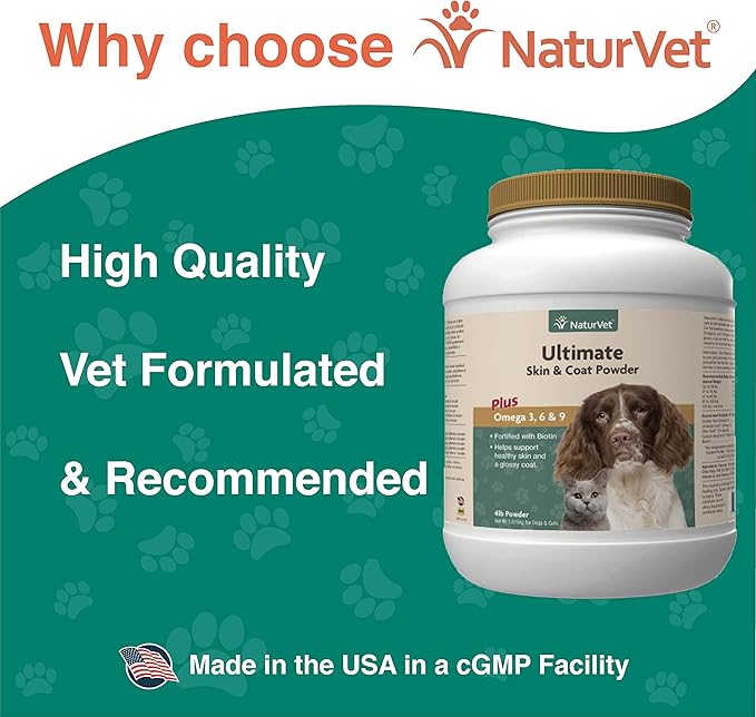 NaturVet Ultimate Skin & Coat Powder Pet Supplement for Dogs & Cats – Includes Omegas 3, 6, 9, Biotin, Vitamins – For Healthy Dog Coats, Cat Skin – Tasty Food Topper for Pets – 4 lbs.