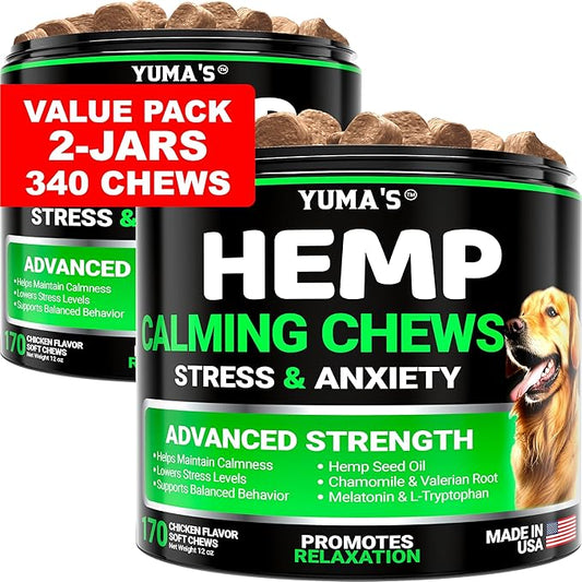 YUMA'S (2 PACK) Hemp Calming Chews for Dogs - Advanced Dog Calming Treats - Dog Calming Chews - 340 Chews - Anxiety Relief Treats - Separation Aid, Barking, Stress Relief - Melatonin - Hemp Oil