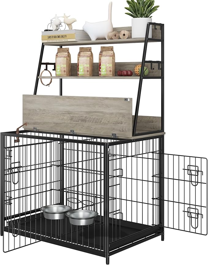 GAOMON Dog Crate Furniture with Storage Shelves, Wooden Dog Kennel with Removable Tray,Double Doors Modern Dog Crate,Indoor Dog House with Two Adjustable Stainless Steel Bowls,End Table Dog Cage,Grey