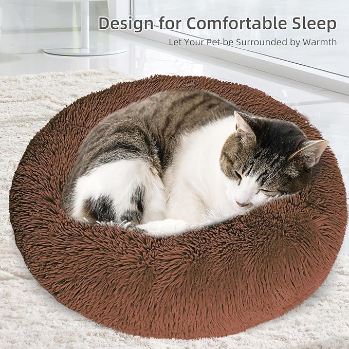 Cat Bed for Indoor Cats,24 Inch Cat Bed & Dog Bed Machine Washable, Fluffy Round Pet Bed Non-Slip, Calming Soft Plush Donut Cuddler Cushion Self Warming for Puppy and Kitten