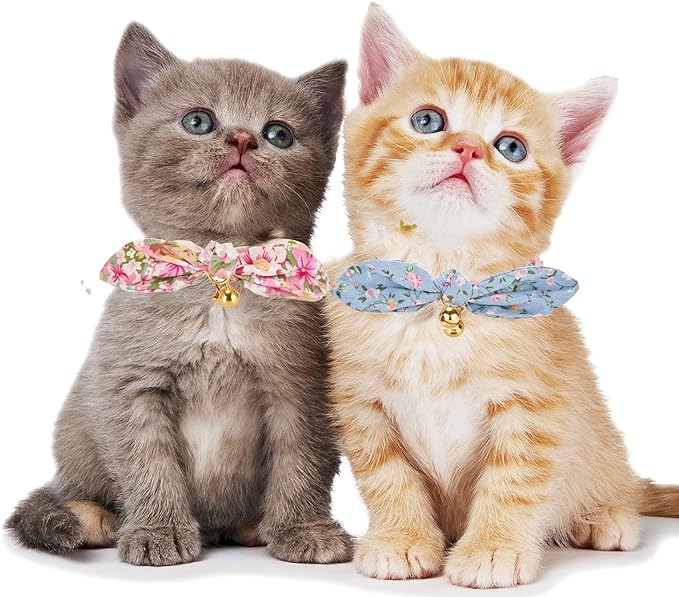 2 Pack Breakaway Cotton Cat Collars with Cute Bunny Ear Bowtie and Bell, Floral Female Male Kitten Collars(Pink & Blue)