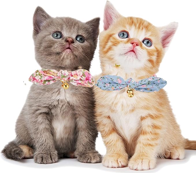 Cotton Bowtie Cat Collar with Bell 2 Pack Stylish Floral Breakaway Kitten Collars with Removeable Knot Bow,Blue & Pink