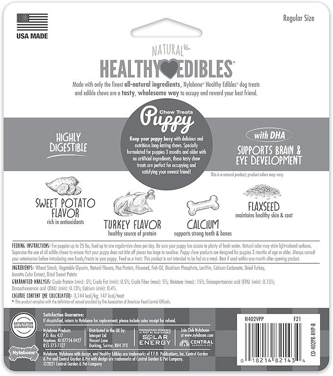 Nylabone Healthy Edibles Natural Puppy Chews Long Lasting Turkey & Sweet Potato Flavor Treats for Dogs, Small/Regular (3 Count)