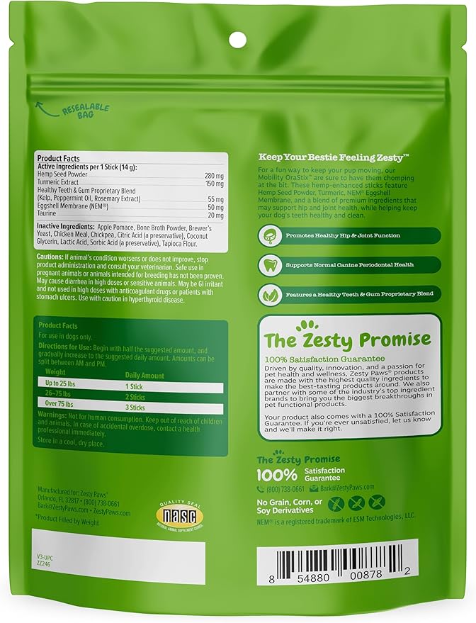Zesty Paws OraStix for Dogs - Hip & Joint Mobility Sticks with Hemp Seed Curcumin Eggshell Membrane Taurine Support for HIPS Joints Cartilage Health Proprietary Healthy Teeth Gum Blend 25oz