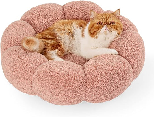 Lesure Calming Cat Beds for Indoor Cats - Cute Flower Pet Beds in Teddy Sherpa Plush, Donut Round Fluffy Puppy Bed, Non-Slip Extra Small Dog Bed Fits up to 15 lbs, Machine Washable, Pink 20"