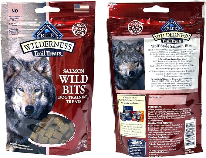 Blue Buffalo Wilderness Trail Treats Grain-Free Wild Bits Dog Treats - 3 Flavors 2 BAGS EACH FLAVOR (Salmon, Chicken, & Duck) - 4 Ounces Each (6 Total Pouches) - MADE IN USA by Blue